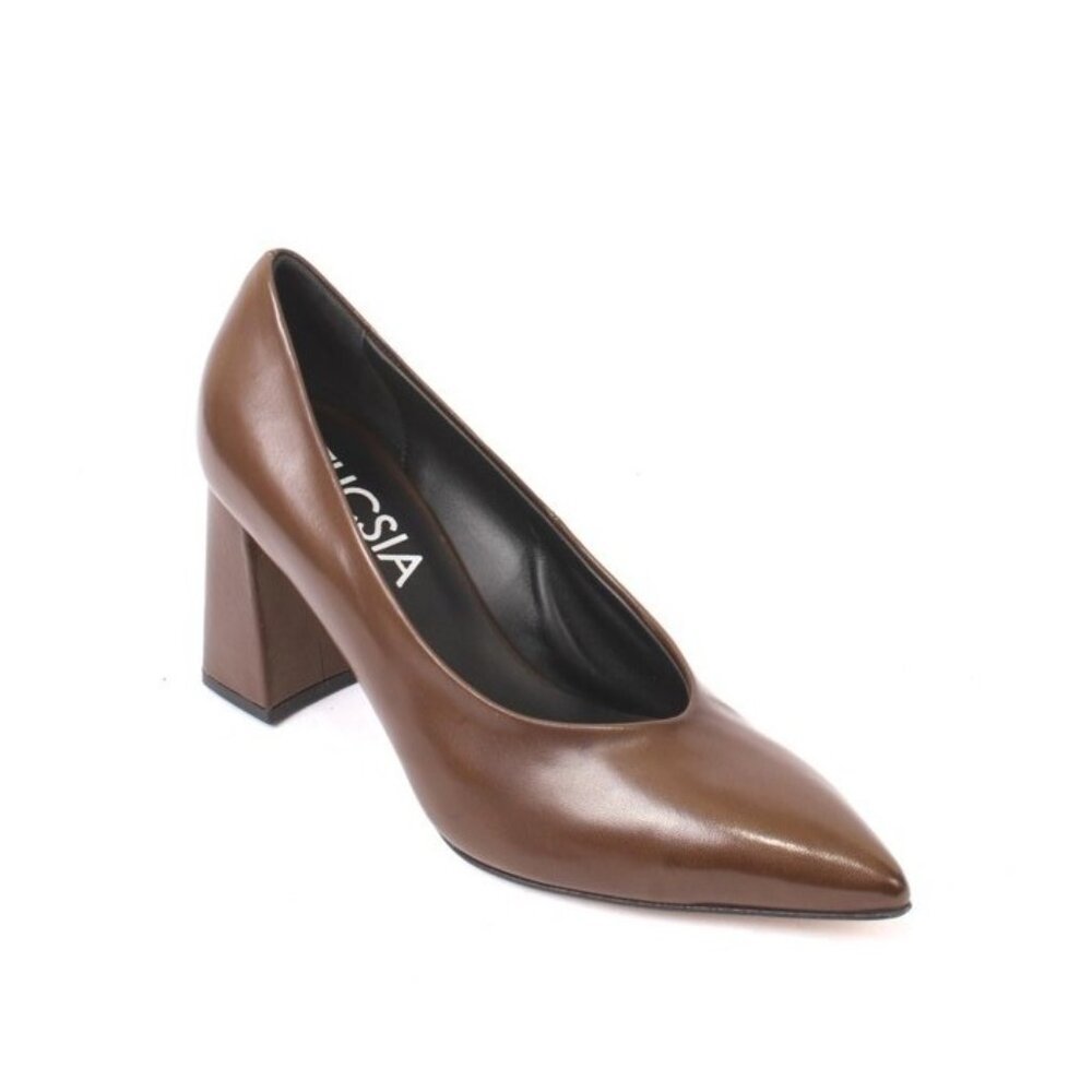 Fucsia 402 Brown Leather Pointy Toe Classic Heel Shoes